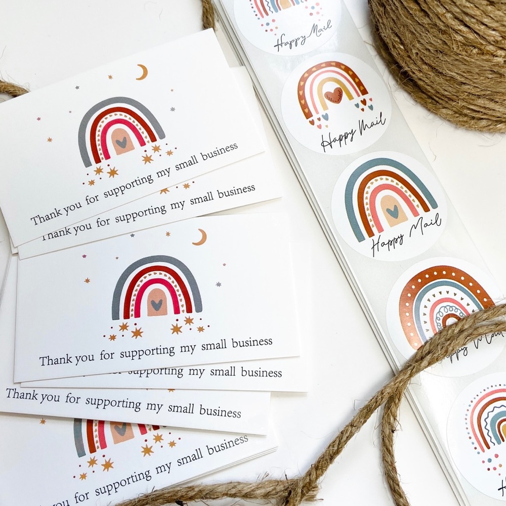 Set of 50 Thank You Cards and 50 Large Boho Rainbow Stickers